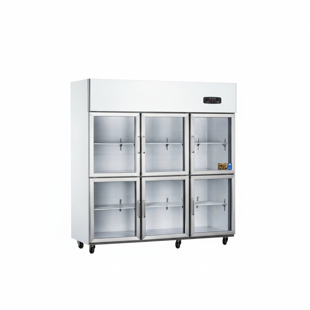 Commercial standard static cooling kitchen refrigerator with six glass doors.