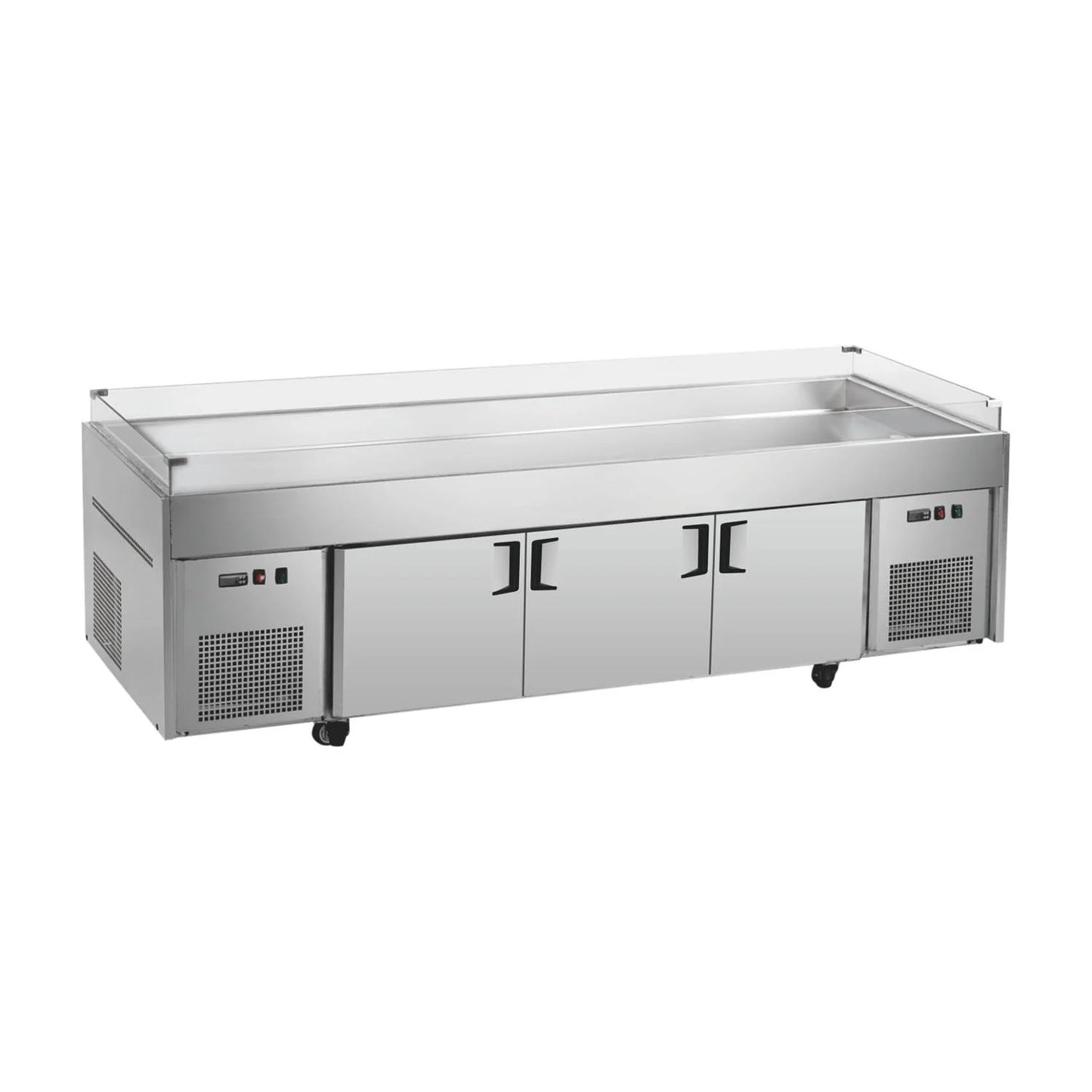 Commercial ice display table with blue light.