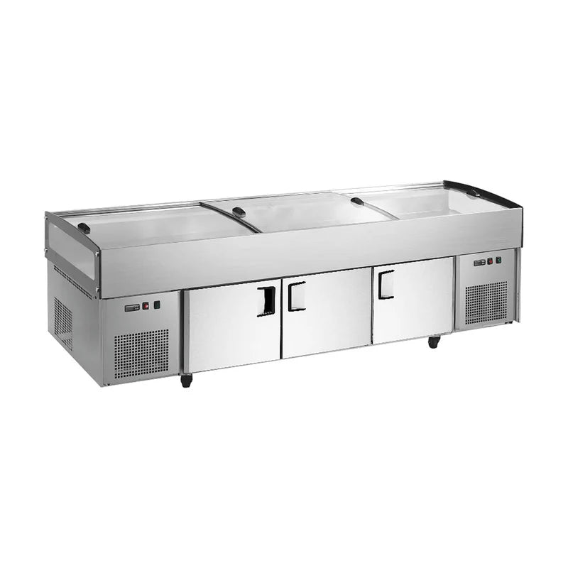 Commercial ice display table with three sliding door and bottom three-door storage.