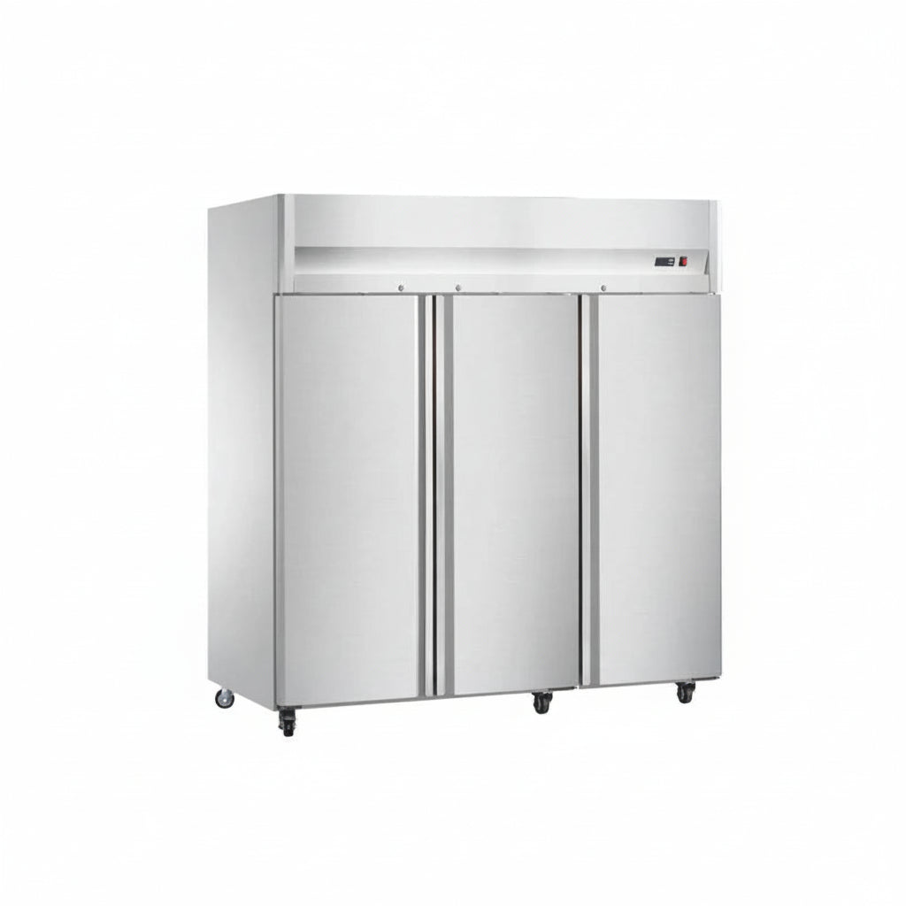 Commercial ventilated single temperature three-door kitchen refrigerator.