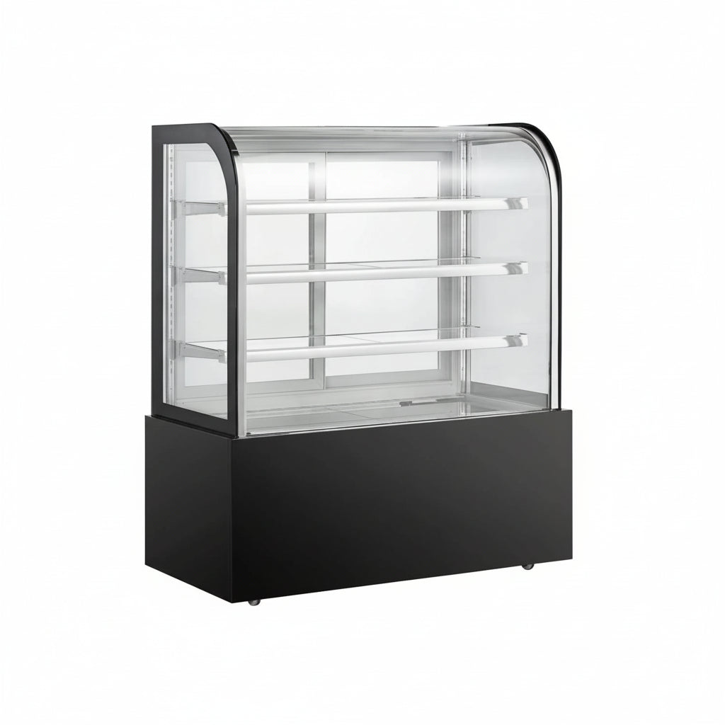 Commercial upright cake showcase with curved glass and three shelves in black frame.