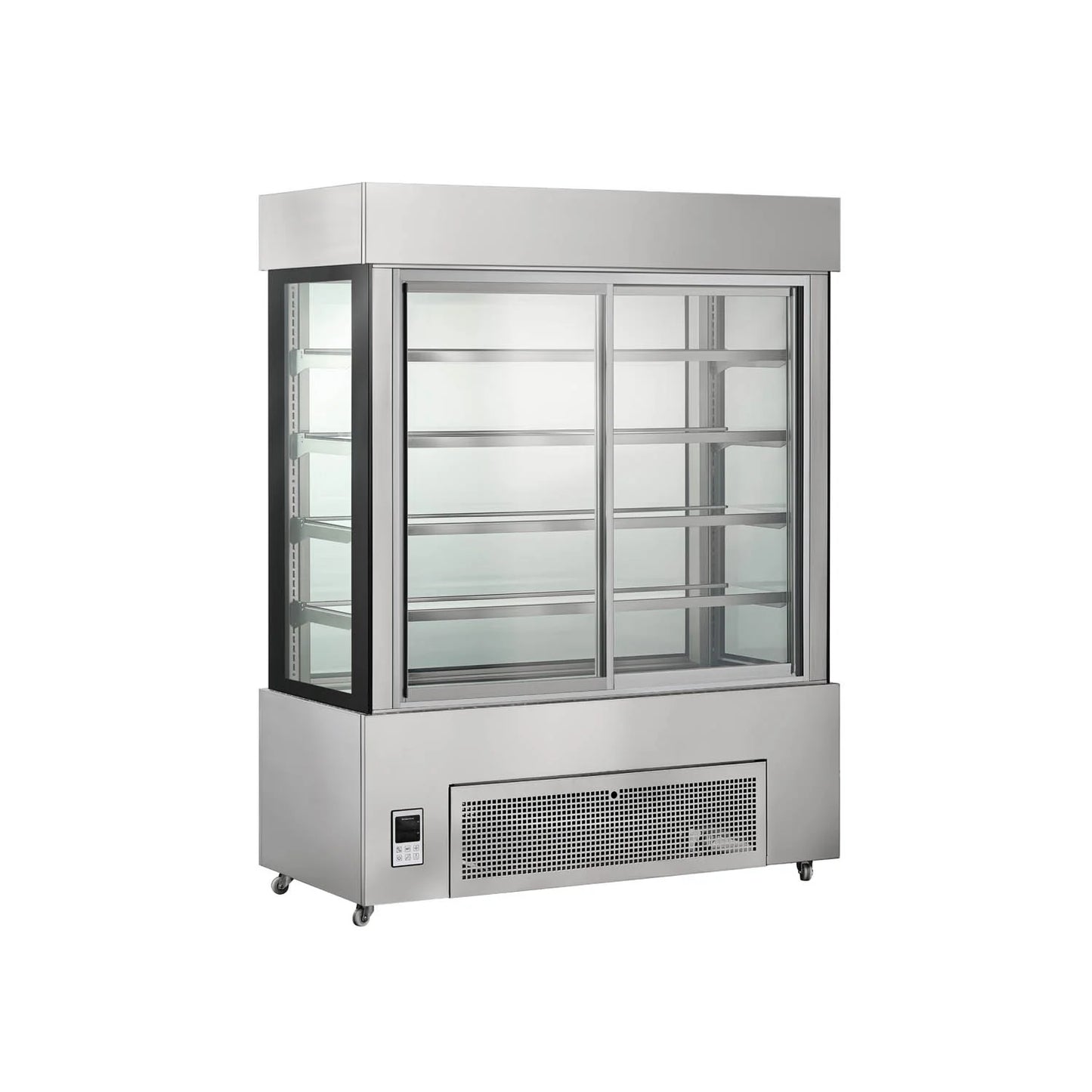 Commercial upright cake showcase with straight glass display and double sliding doors.