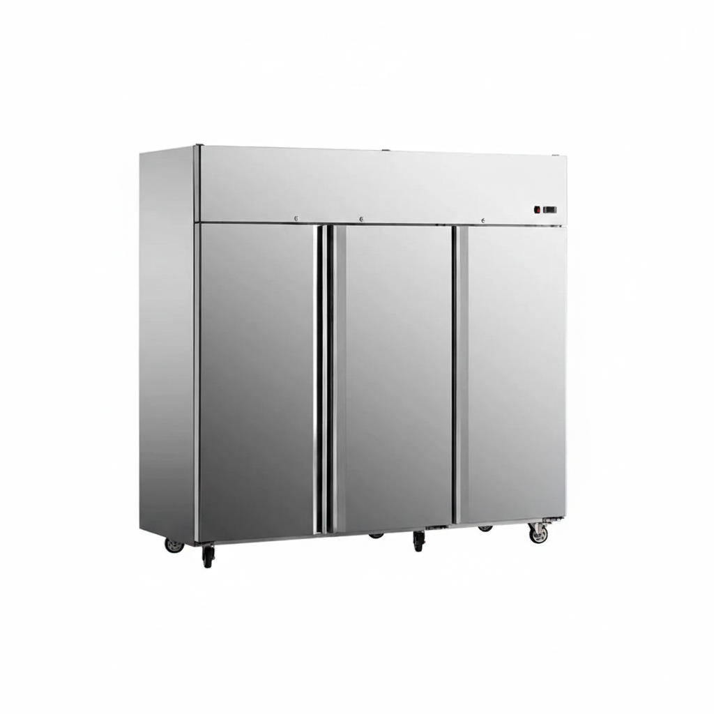 Commercial European ventilated cooling three-door kitchen refrigerator.