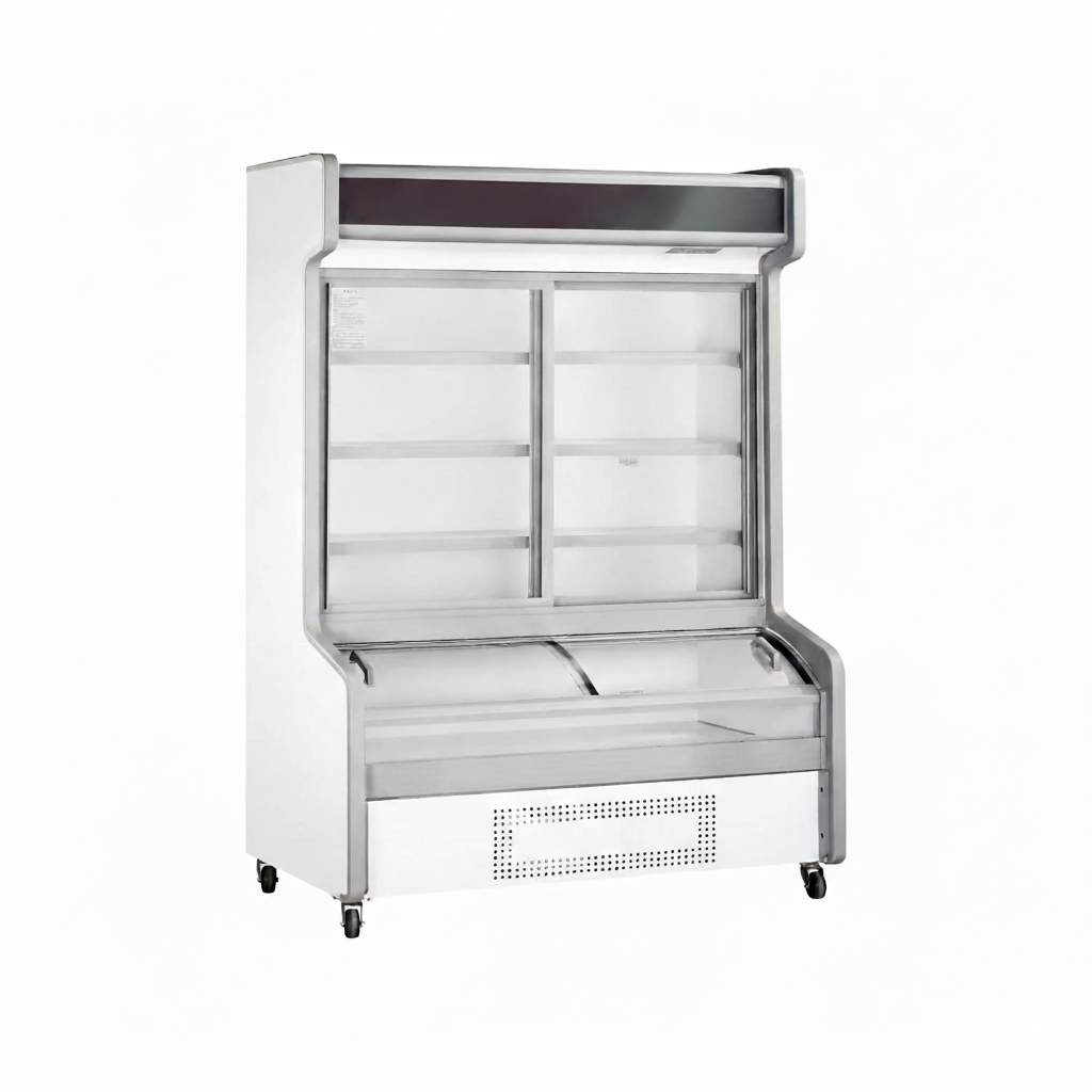 Commercial standard dual temperature combination freezer with 2 sliding glass doors and bottom storage
