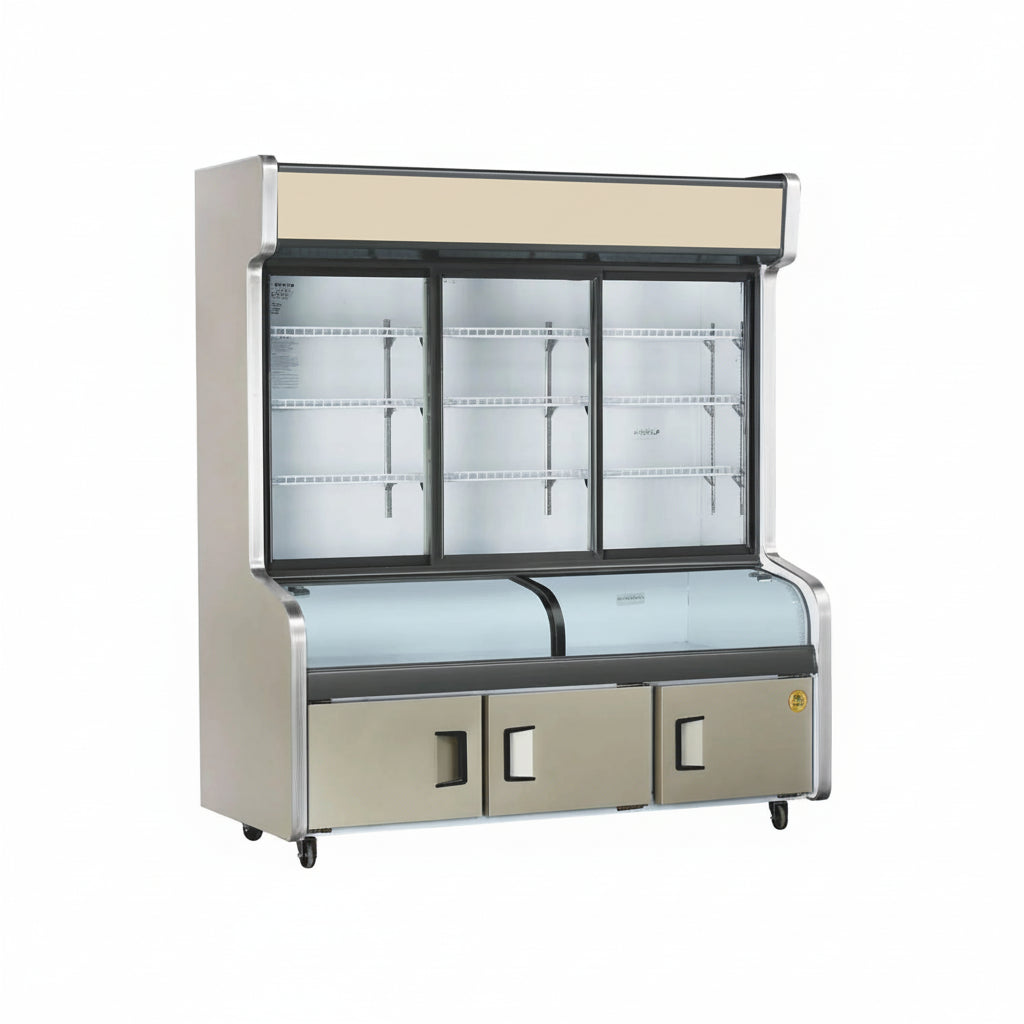 Commercial static cooling triple temperature combination freezer with 3 sliding glass display doors.