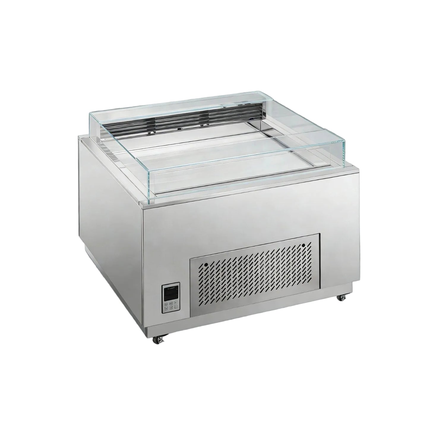 Commercial upright open-top cake showcase with straight glass display.