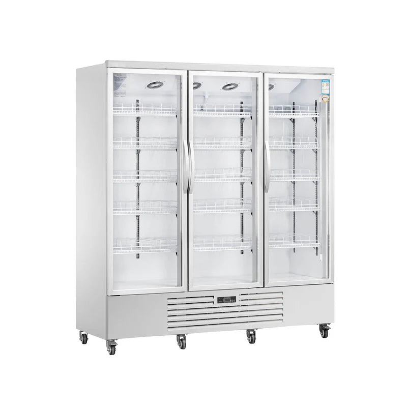 Commercial standard upright showcase ventilated cooling refrigerator with three glass doors in white.