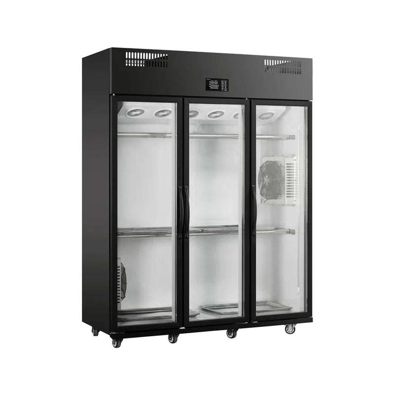 Commercial upright meat display air drying cabinet with triple glass doors.