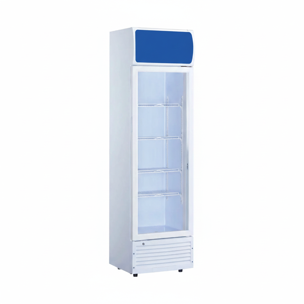 Commercial standard single plastic frame glass door upright showcase static cooling refrigerator.