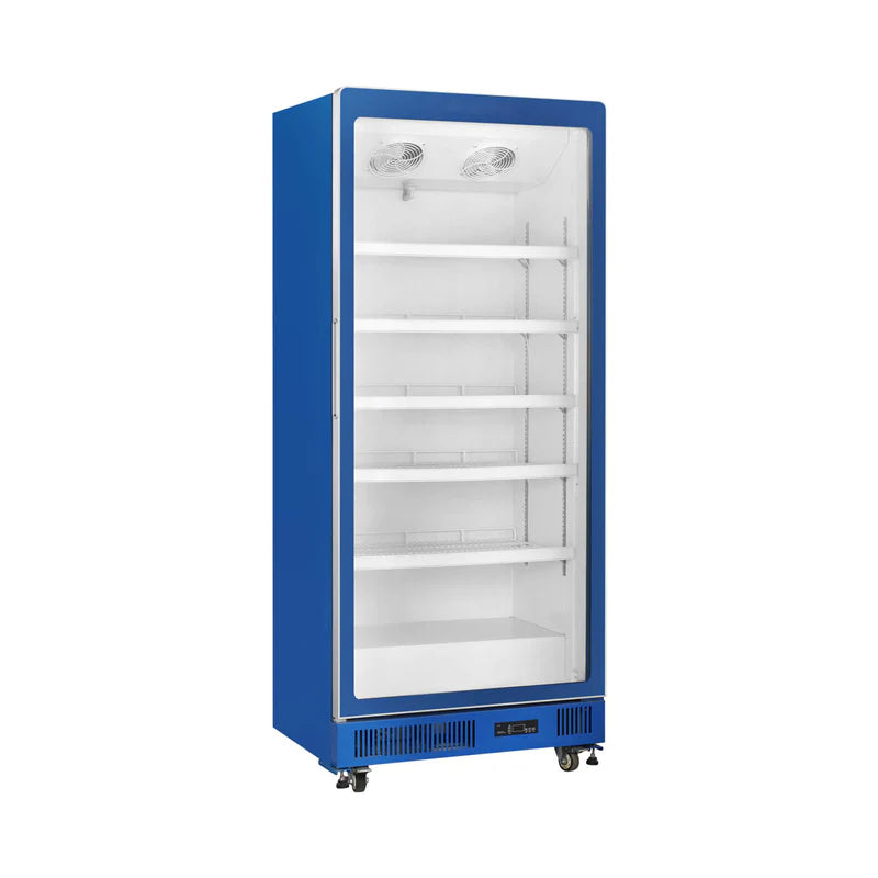 Commercial upright showcase ventilated cooling refrigerator with single door in blue.