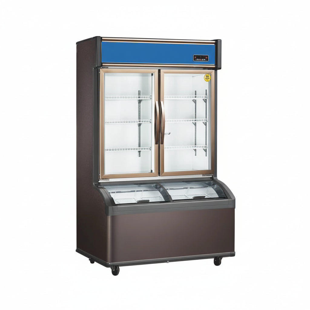 Commercial C-Store dual temperature combination freezer with double glass display doors.