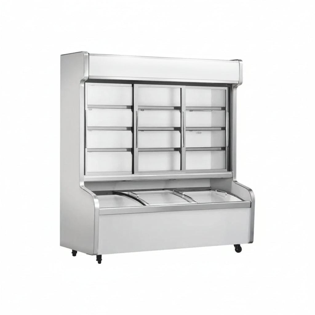 Commercial deluxe dual temperature combination freezer with 3 sliding glass doors and high-capacity storage.