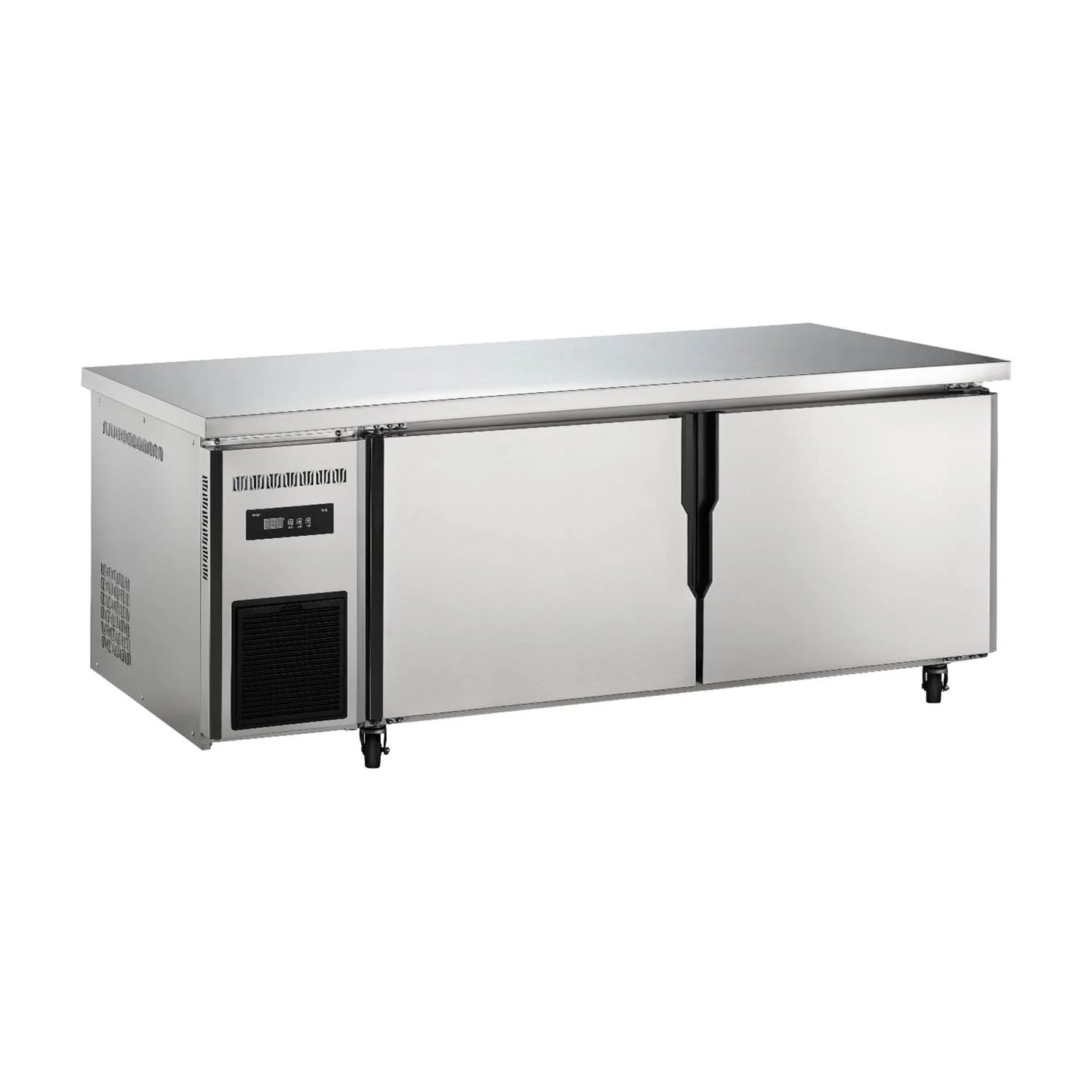 Commercial premium stainless steel ventilated cooling two-door undercounter refrigerator.