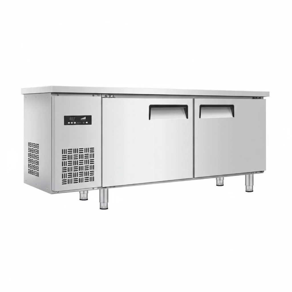 Commercial premium stainless steel static cooling two-door undercounter refrigerator.