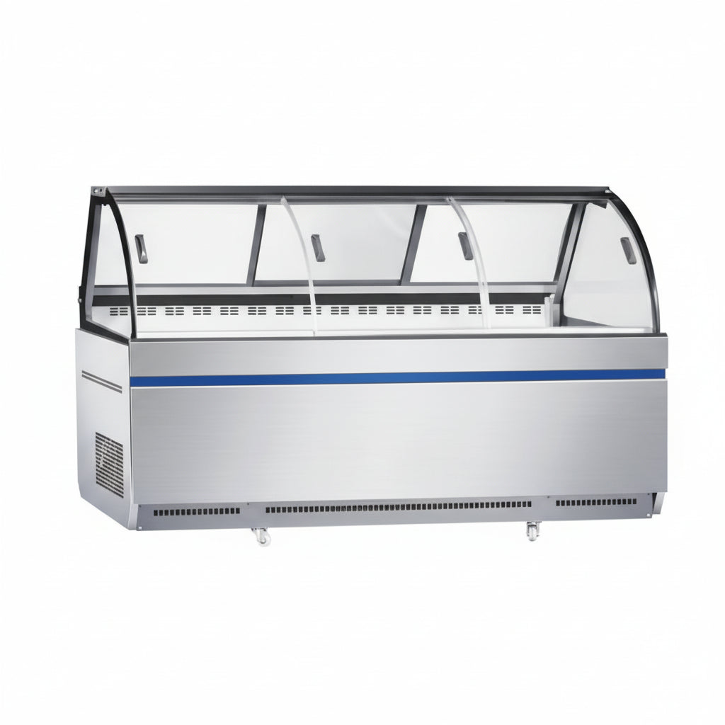 Commercial curved deli showcase ventilated cooling refrigerator with three front and rear sliding doors.