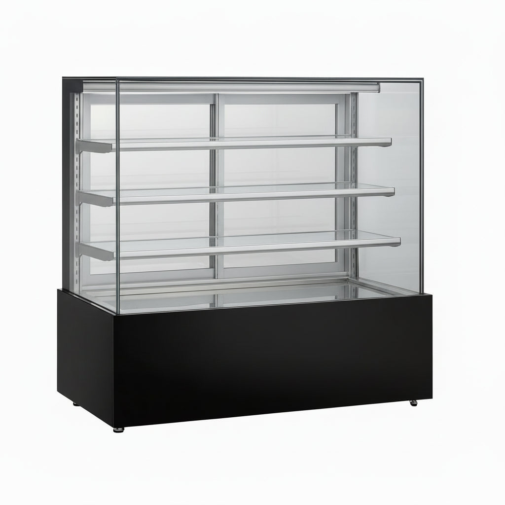 Commercial upright frameless cake showcase with straight glass display and rear sliding doors.