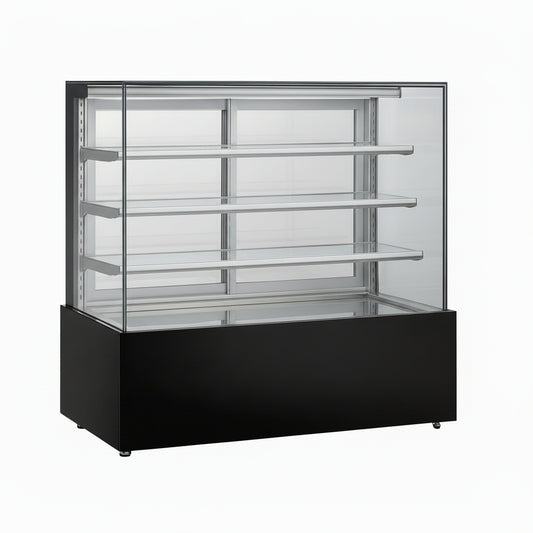 Commercial upright frameless cake showcase with straight glass display and rear sliding doors.