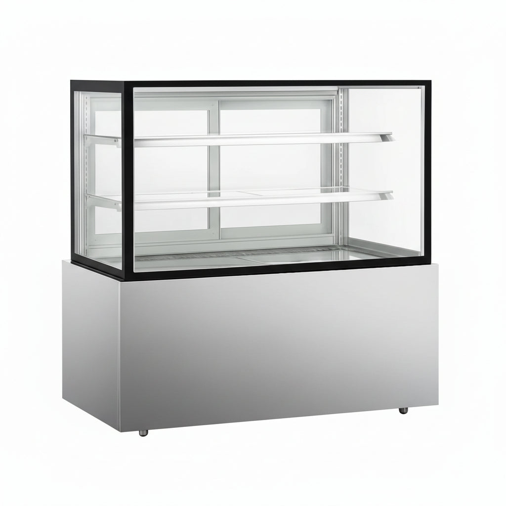 Commercial upright cake showcase with straight glass display and two shelves.