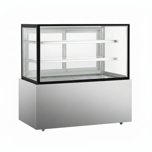 Commercial upright cake showcase with straight glass display and two shelves.