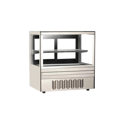 Commercial countertop cake showcase with straight display glass and rear sliding doors.