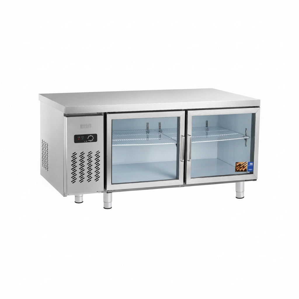 Commercial standard two glass door undercounter refrigerator.