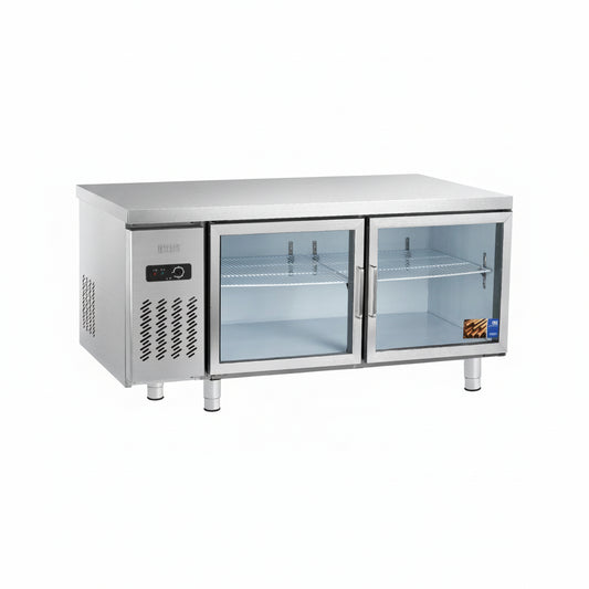 Commercial standard two glass door undercounter refrigerator.