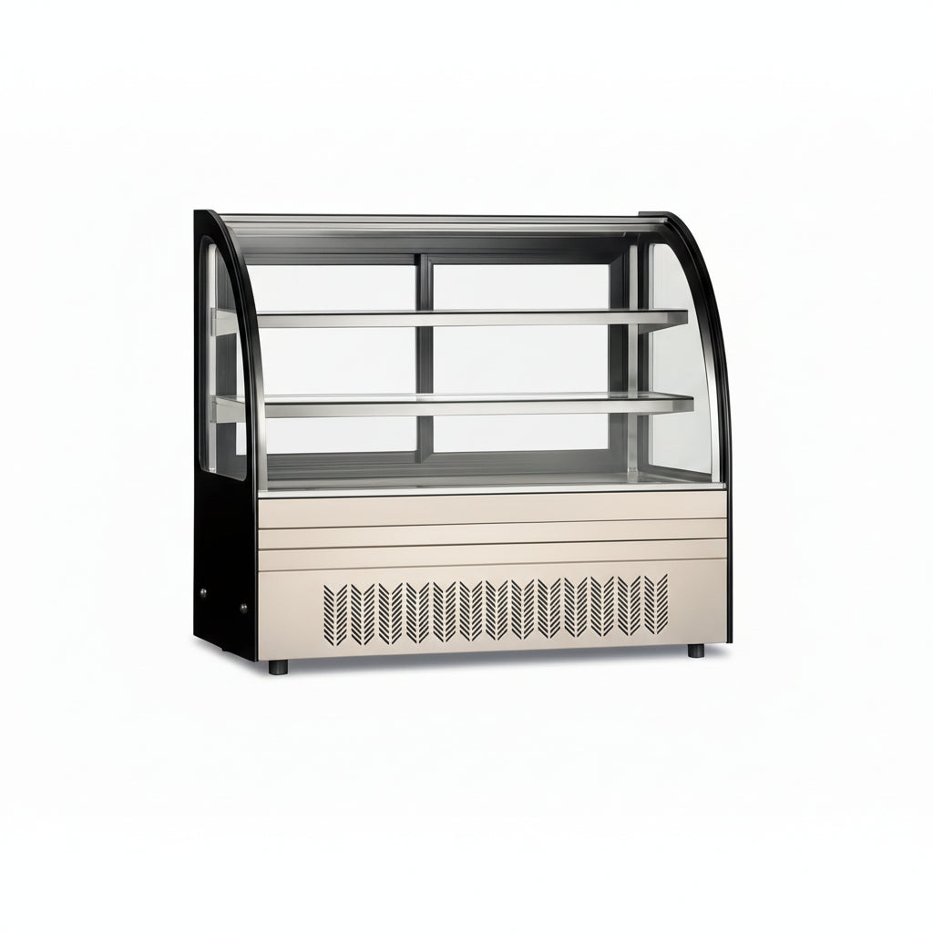 Commercial countertop cake showcase with curved glass display and two shelves.