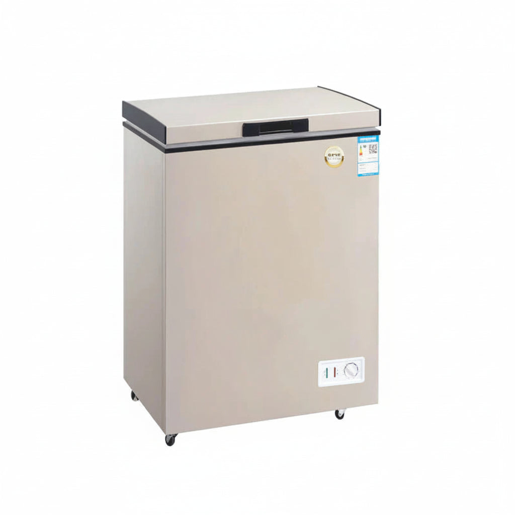 Commercial single temperature chest freezer with single hard top lid in champagne.