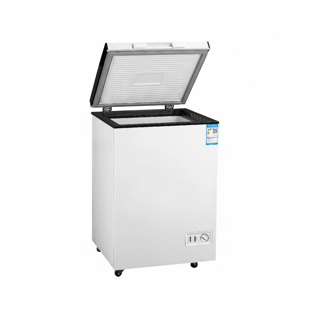 Commercial single temperature chest freezer with opened single hard top lid.