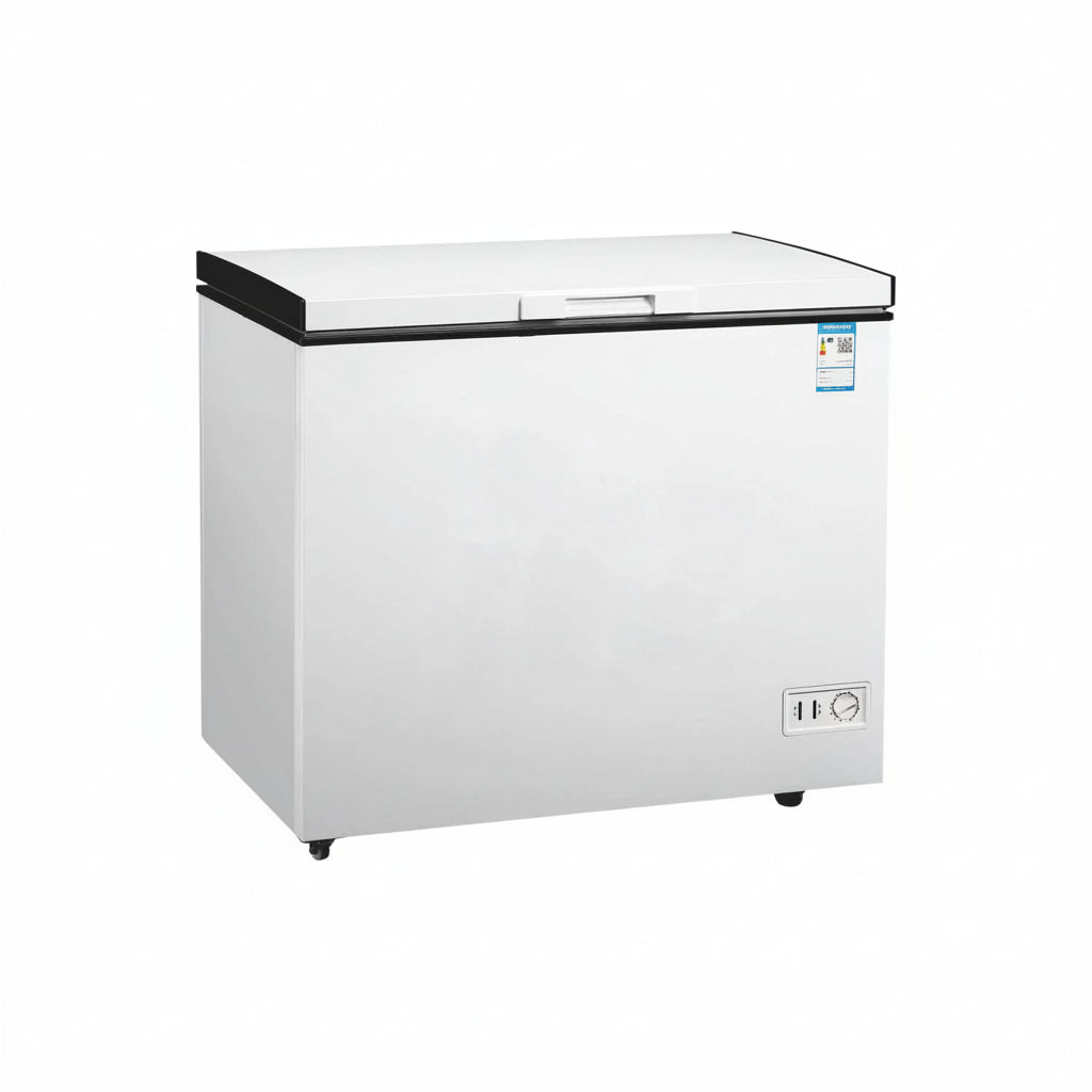 Commercial single temperature chest freezer with single hard top lid.
