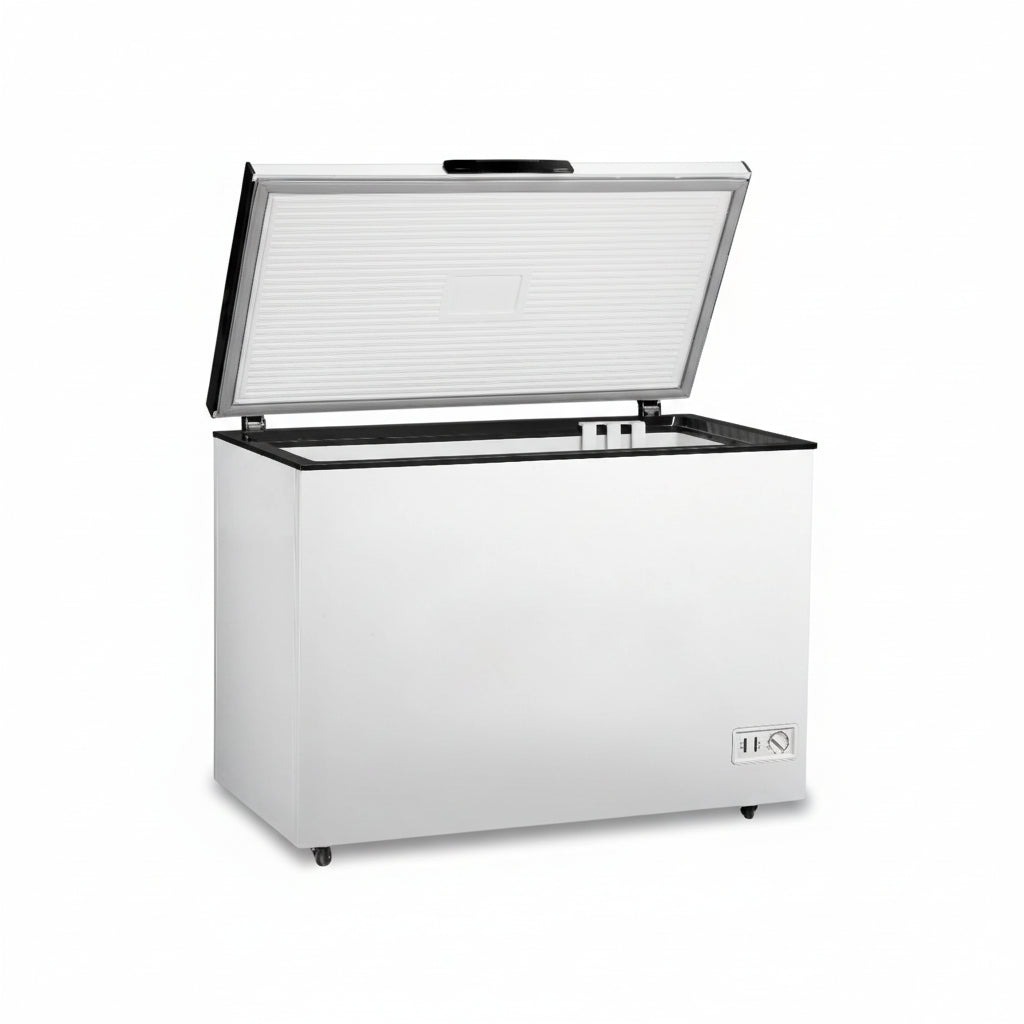 Commercial single temperature chest freezer with single opened hard top lid.