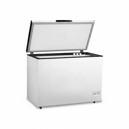 Commercial single temperature chest freezer with single opened hard top lid.