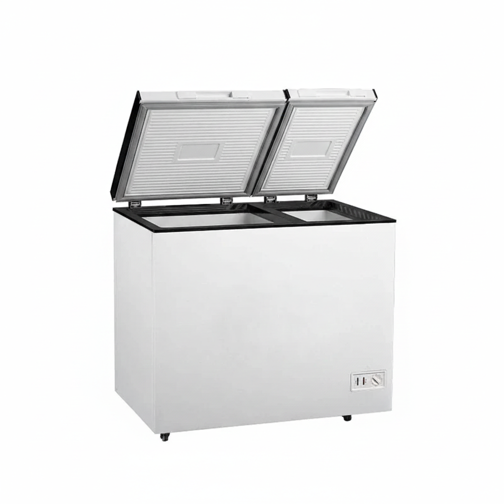 Commercial dual temperature chest freezer with opened dual hard top lids.