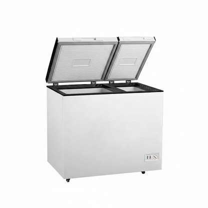 Commercial dual temperature chest freezer with opened dual hard top lids.