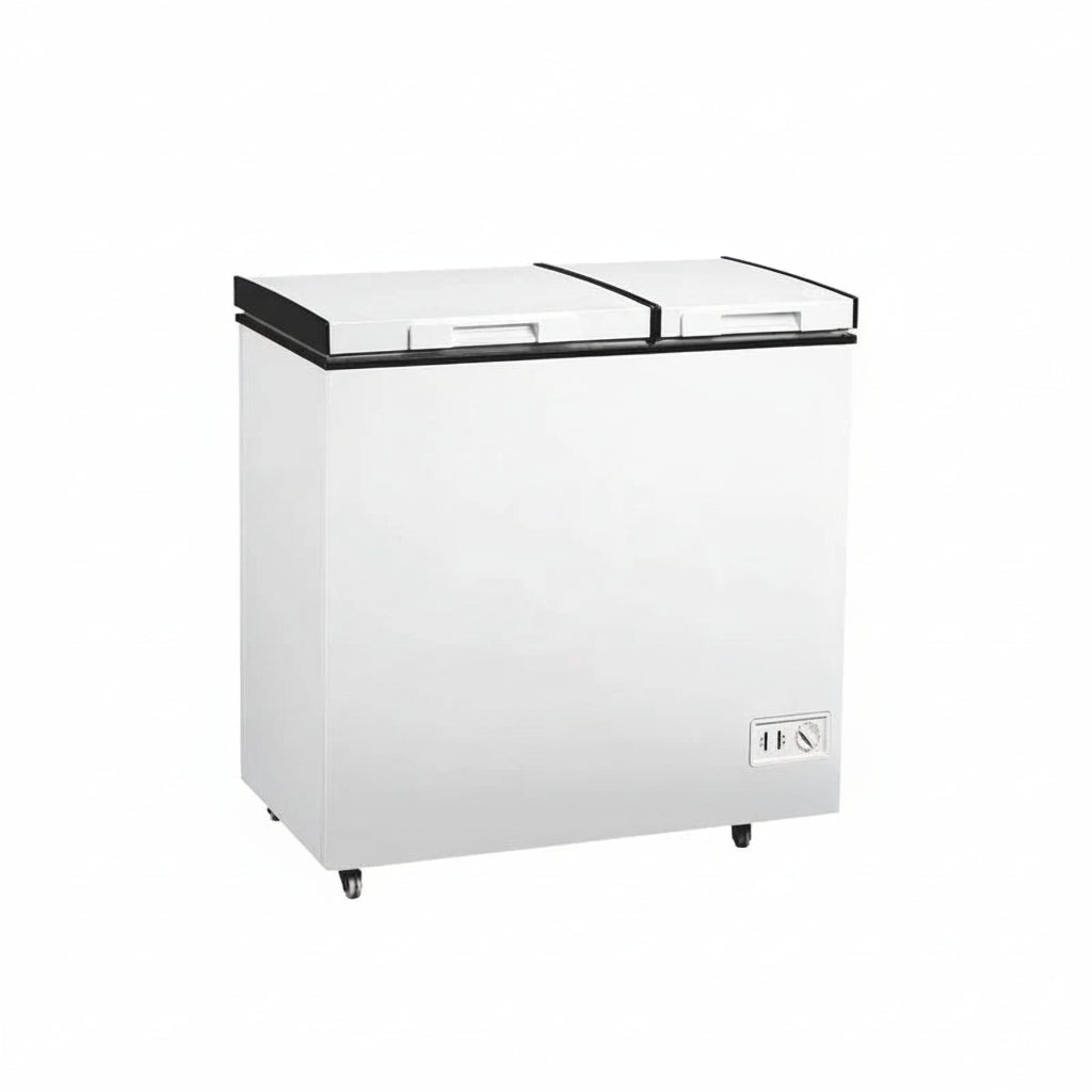 Commercial dual temperature chest freezer with dual hard top lids.