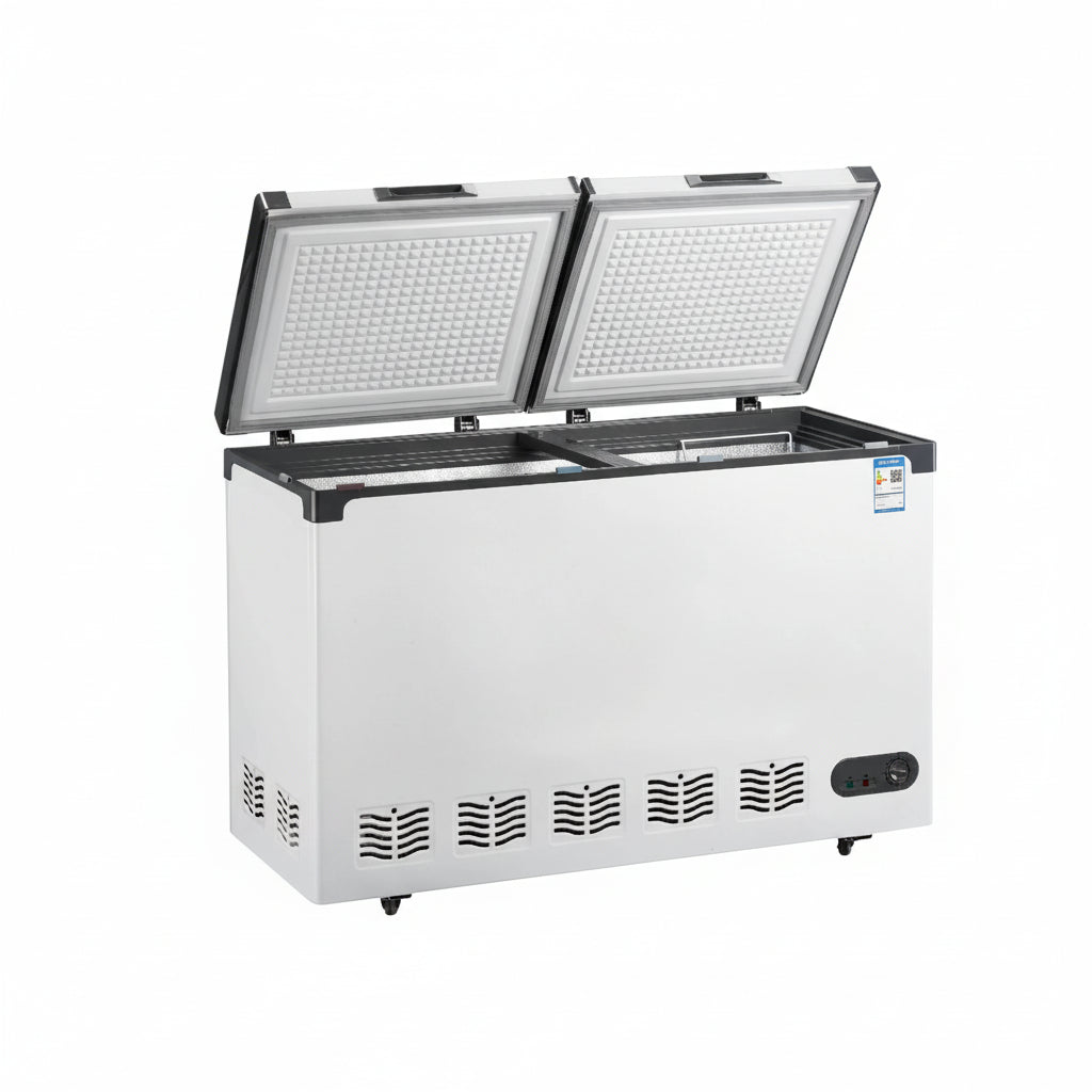 Commercial dual temperature chest freezer with opened dual hard top lids.