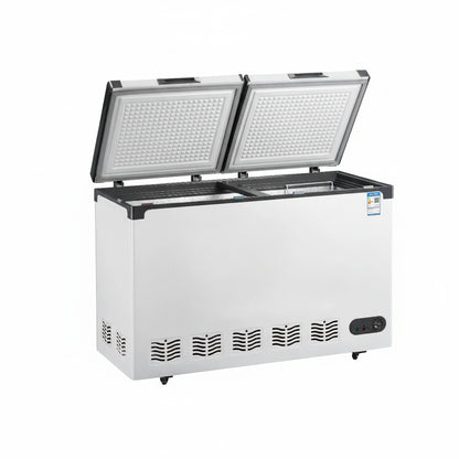 Commercial dual temperature chest freezer with opened dual hard top lids.