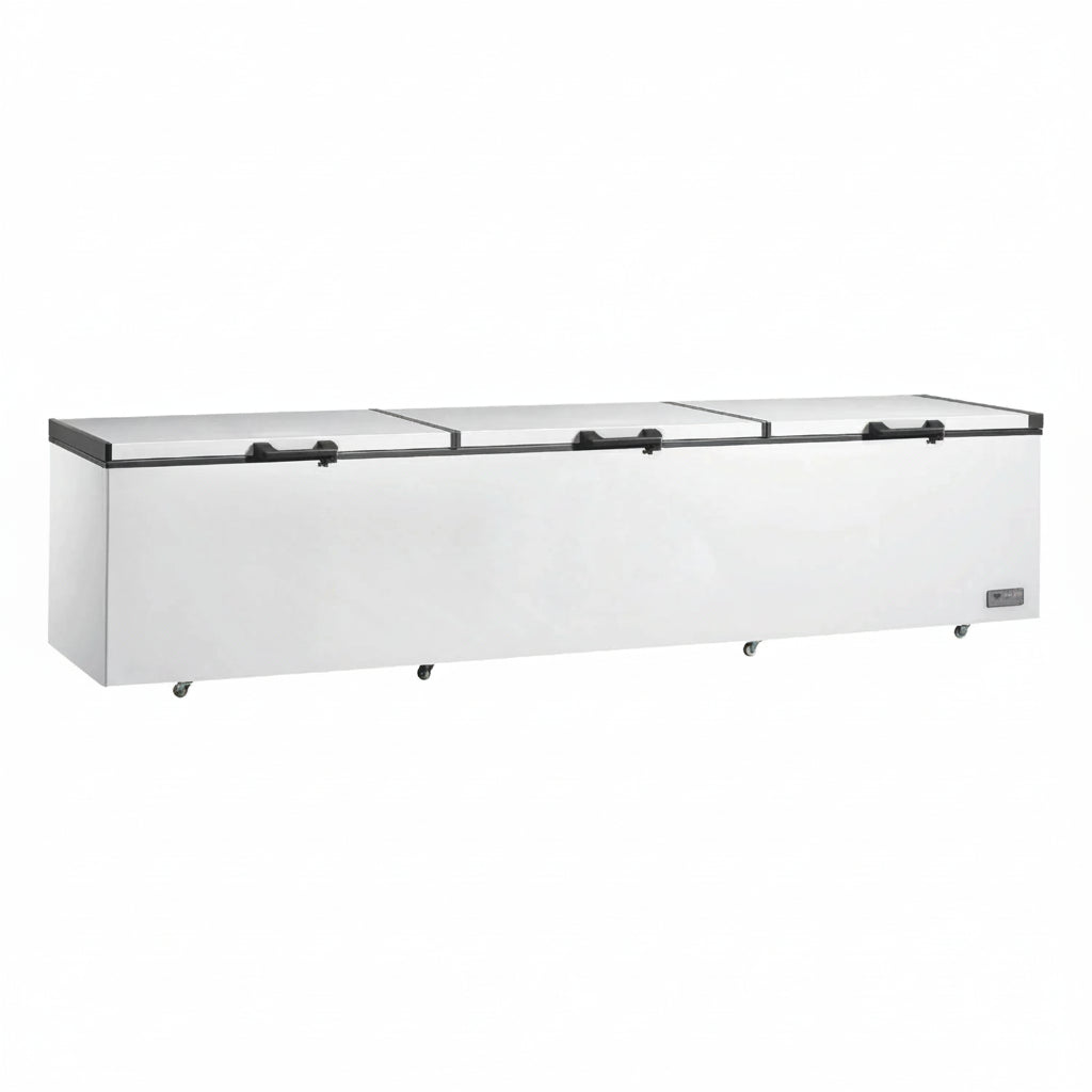 Commercial single temperature chest freezer with triple hard top lids.