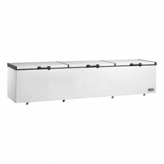 Commercial single temperature chest freezer with triple hard top lids.