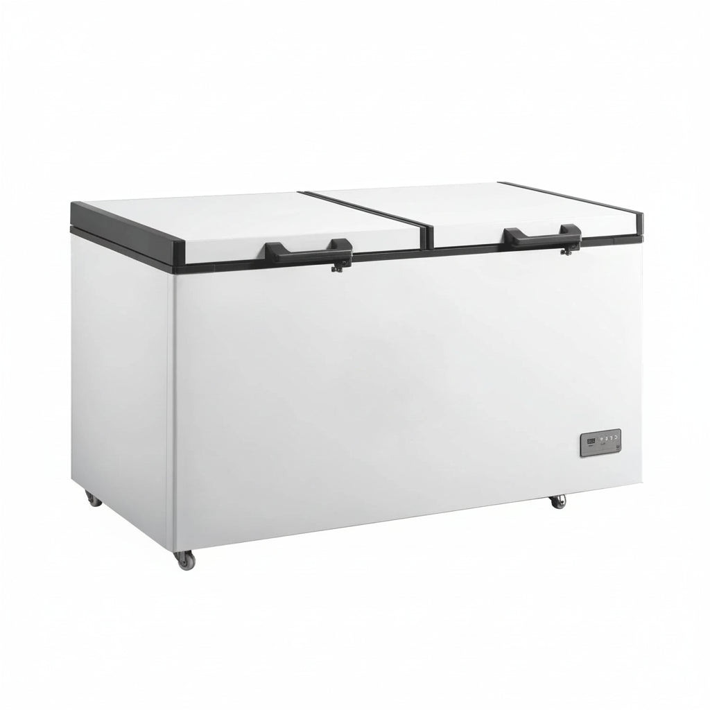 Commercial single temperature chest freezer with dual hard top lids.