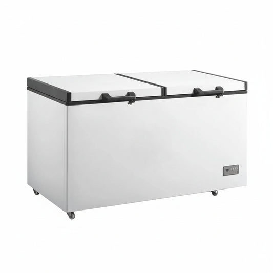 Commercial single temperature chest freezer with dual hard top lids.