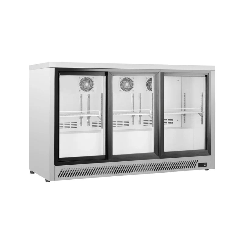 Commercial upright ventilated cooling back bar cooler with triple glass door in white.
