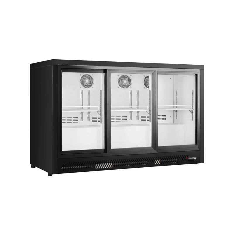 Commercial upright ventilated cooling back bar cooler with triple glass door in black. 