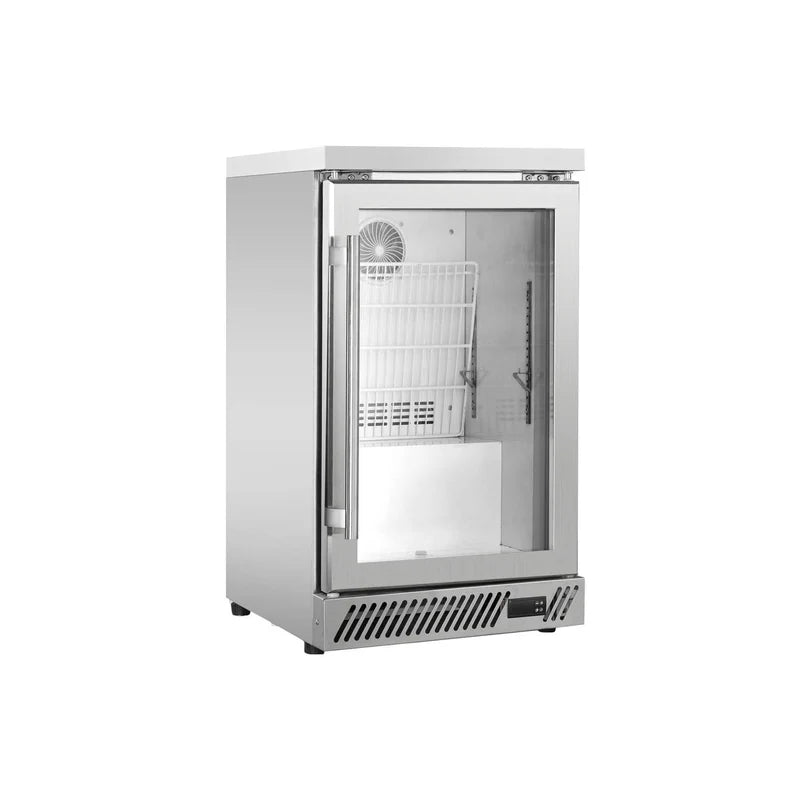 Commercial upright ventilated cooling back bar cooler with single glass door in white.