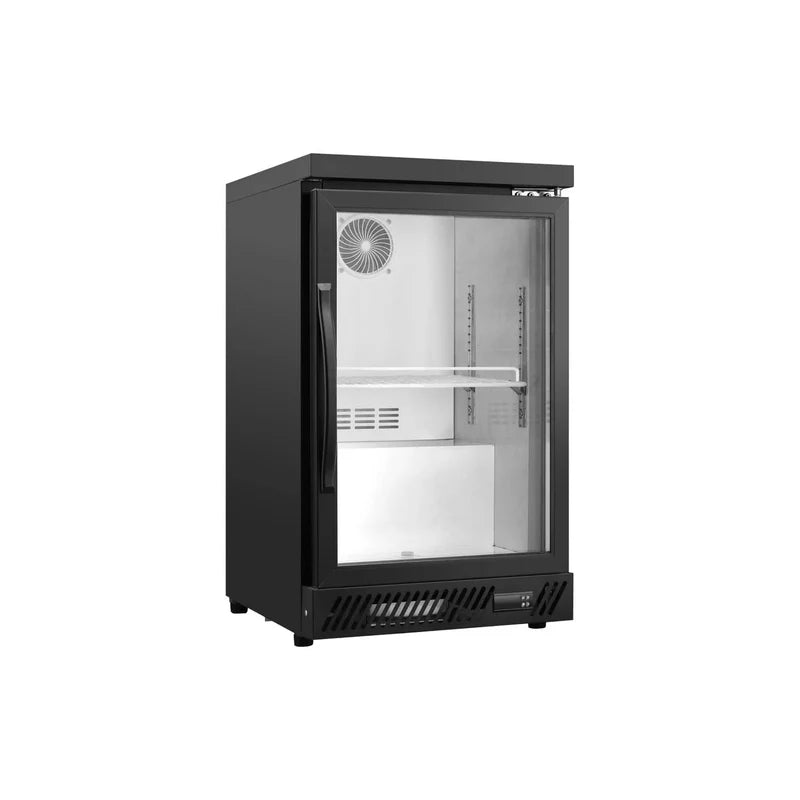 Commercial upright ventilated cooling back bar cooler with single glass door in black. 