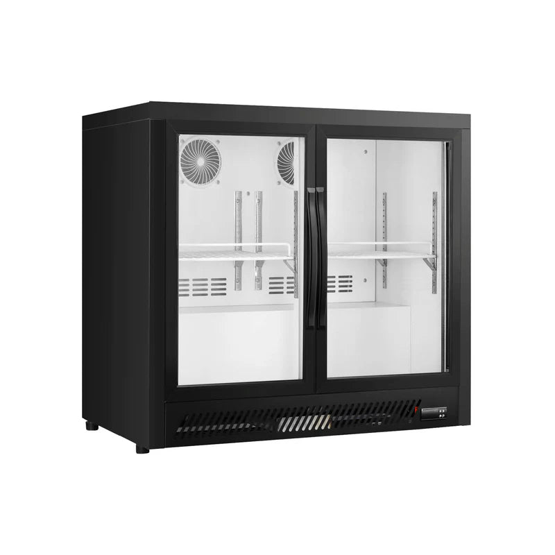 Commercial upright ventilated cooling back bar cooler with double glass door in black. 