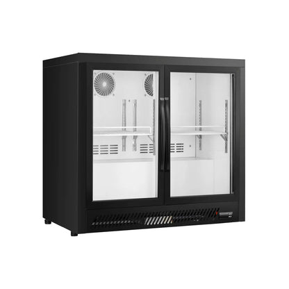 Commercial upright ventilated cooling back bar cooler with double glass door in black. 