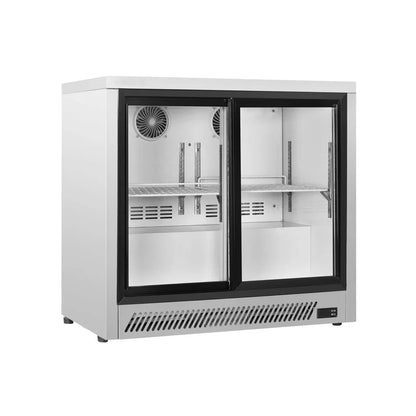 Commercial upright ventilated cooling back bar cooler with double sliding glass door in white.