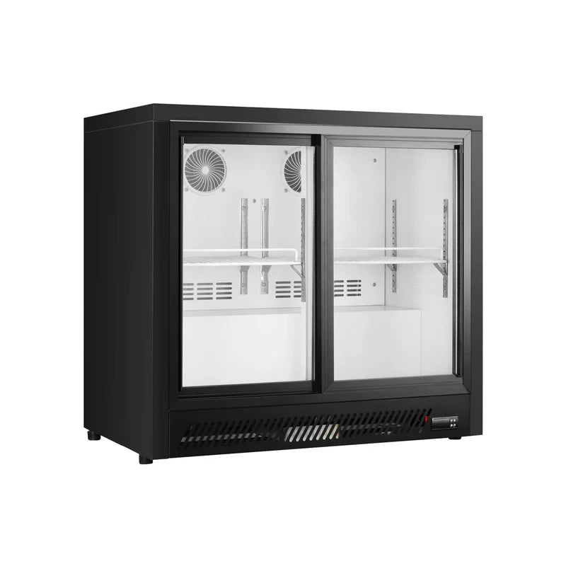 Commercial upright ventilated cooling back bar cooler with double sliding glass door in black. 