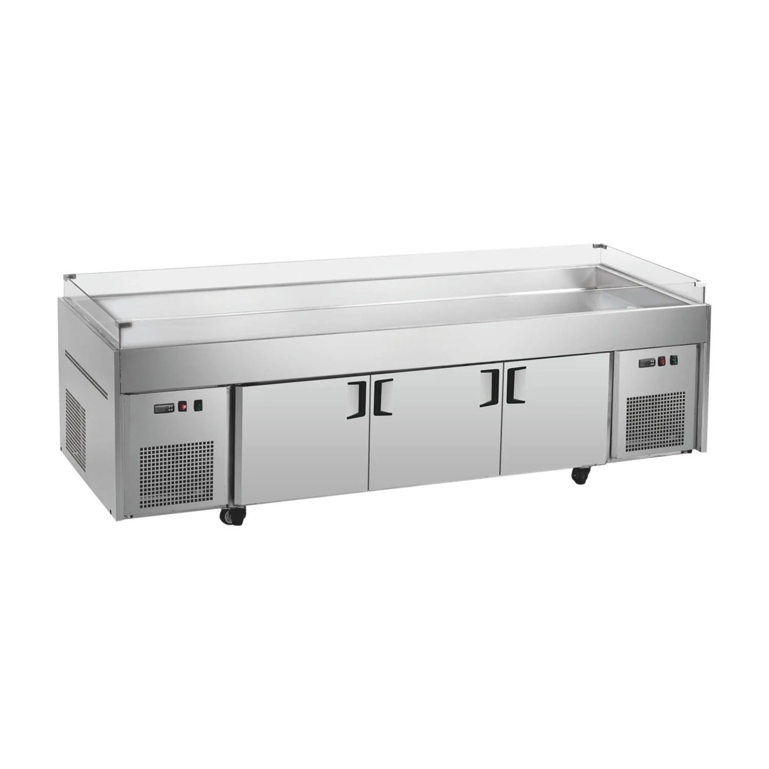 Commercial ice display table with blue light.